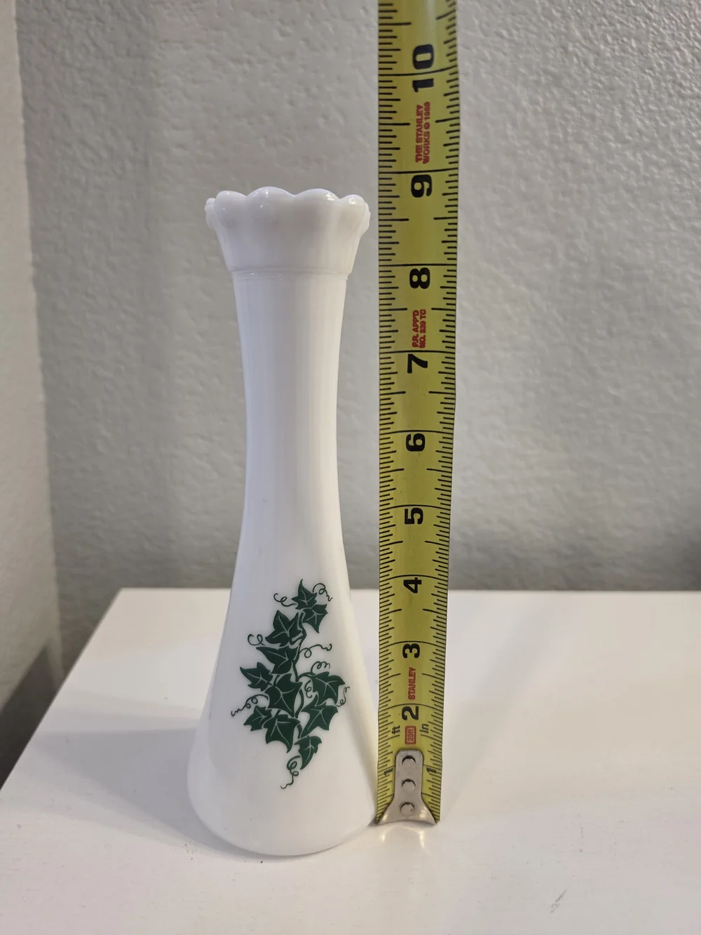 White Milk Glass Bud Vase with Green Ivy Accent